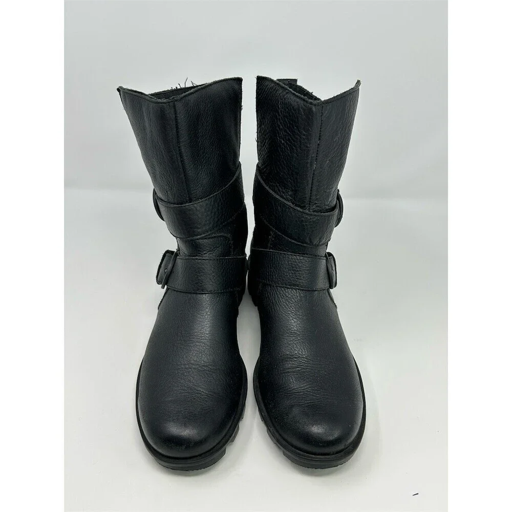 SOREL Phoenix Moto Women's Boots Black Mid-Calf Double Buckle Lug Sole Size 9